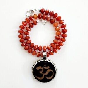 RED STRIPE AGATE NECKLACE WITH OM PENDANT-17"